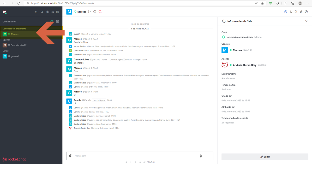 Barra lateral do Rocket.Chat com seção "Conversas em andamento" listando o contato "Marcos" em atendimento ativo