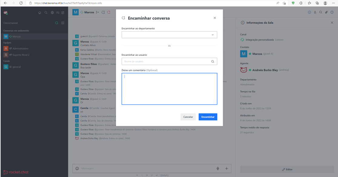 Modal "Encaminhar conversa" com campos Encaminhar ao departamento, Encaminhar ao usuário e Deixe um comentário, botões Cancelar e Encaminhar