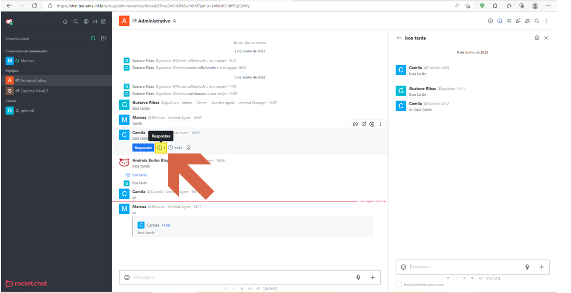 Tela de atendimento com tooltip "Respostas" sobre o ícone de thread em uma mensagem, painel lateral exibindo o histórico de respostas