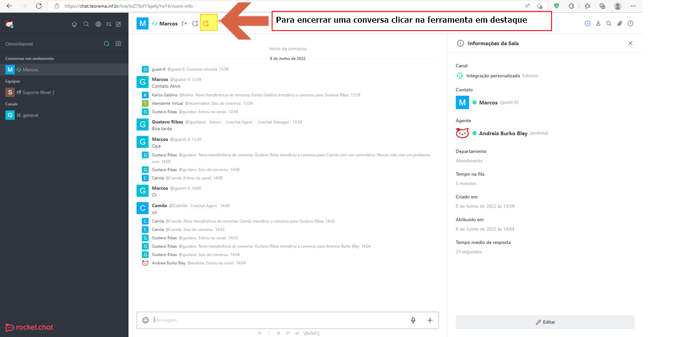 Cabeçalho do atendimento com anotação "Para encerrar uma conversa clicar na ferramenta em destaque" e seta apontando para o ícone de encerramento