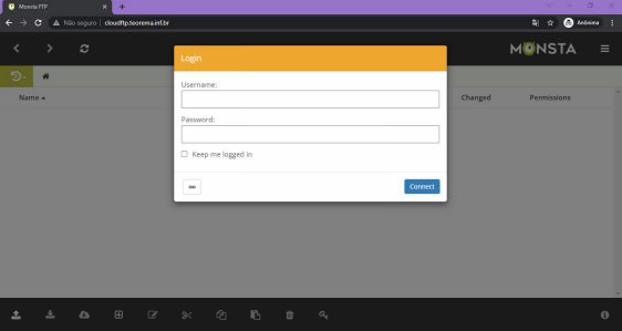 Tela de login do Monsta FTP em cloudftp.teorema.inf.br — campos Username e Password vazios, checkbox "Keep me logged in" desmarcada, botão Connect