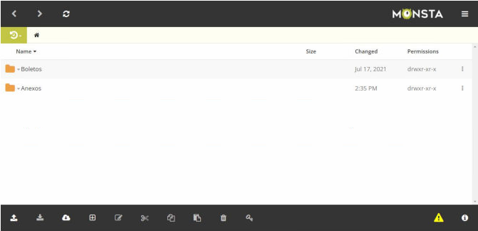 Tela principal do Monsta FTP exibindo duas pastas: "Boletos" (alterada em Jul 17, 2021) e "Anexos" (alterada às 2:35 PM), com colunas Name, Size, Changed e Permissions