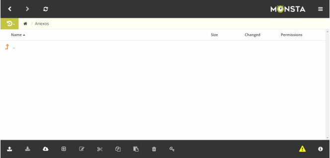 Tela do Monsta FTP com o caminho "/ Anexos" exibido, pasta vazia, colunas Name, Size, Changed e Permissions visíveis
