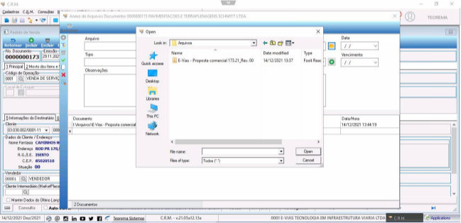 Janela Open do Windows com pasta "Arquivos" aberta, exibindo arquivo "E-Vias - Proposta comercial 173.21_Rev 80" selecionado, botões Open e Cancel visíveis
