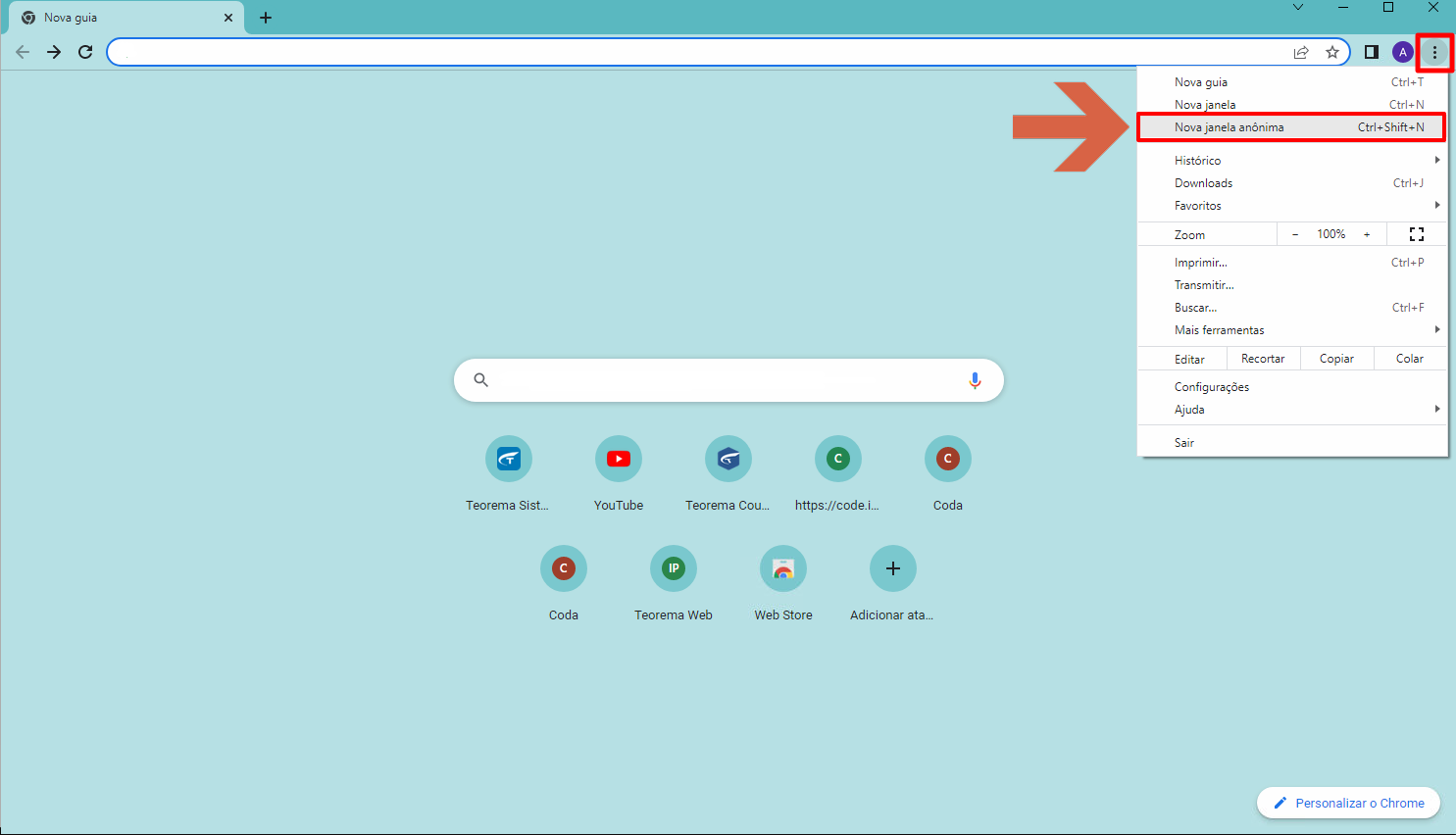 Menu do Chrome com a opção "Nova janela anônima" destacada