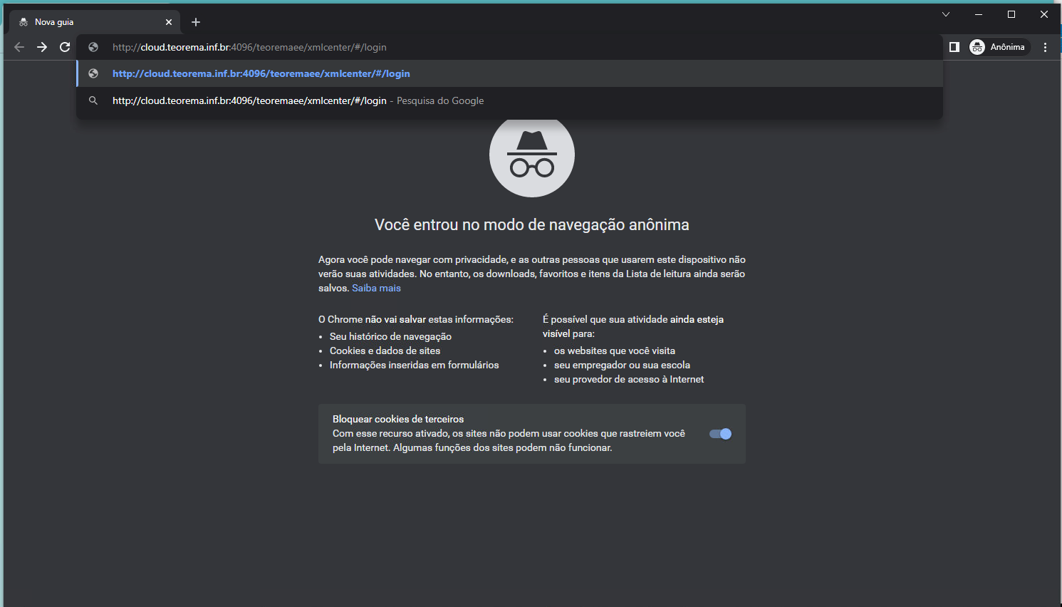 Navegador Chrome em modo anônimo com a URL do XML Center digitada na barra de endereços