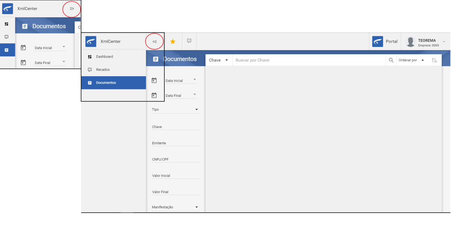 Menu lateral do XmlCenter expandido, mostrando o ícone de fixador (seta dupla) na parte superior e os itens Dashboard, Recados e Documentos
