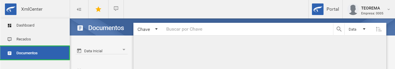 Tela Documentos do XmlCenter com menu lateral mostrando item "Documentos" selecionado, barra de busca "Buscar por Chave" e painel de filtros laterais