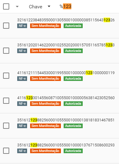 Lista de NF-e na tela Documentos com chaves de acesso, badges "NF-e", "Sem Manifestação" e "Autorizada", e o trecho buscado "123" destacado em amarelo nas chaves