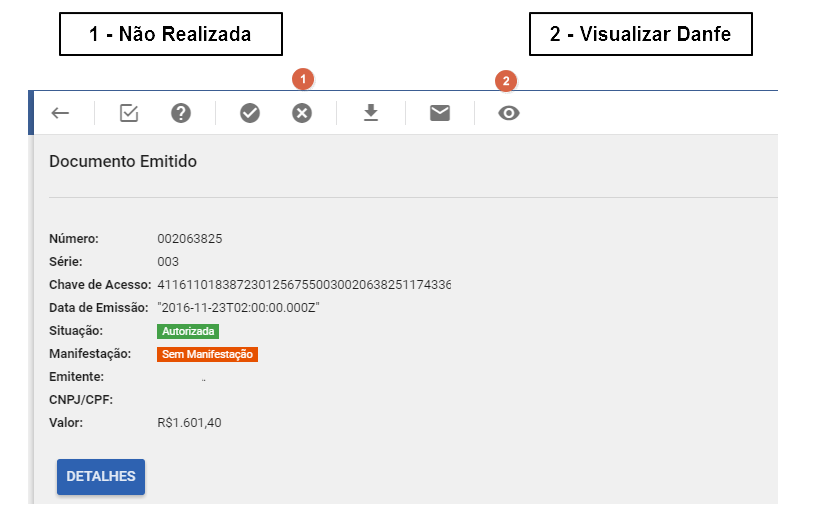 Tela de detalhe de documento com barra de ações mostrando botões numerados: 1-Não Realizada (ícone X) e 2-Visualizar DANFE (ícone olho); abaixo, dados do documento: Número 002063825, Série 003, Chave de Acesso, Data de Emissão, Situação "Autorizada", Manifestação "Sem Manifestação", Emitente, CNPJ/CPF, Valor R$1.601,40 e botão DETALHES