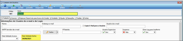 Cadastro de Usuários com campo "Data Validade Senha" preenchido com a data 04/06/2021