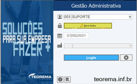 Tela de login Gestão Administrativa com campo Nova Senha em destaque, usuário 003 SUPORTE e data 07/05/2021