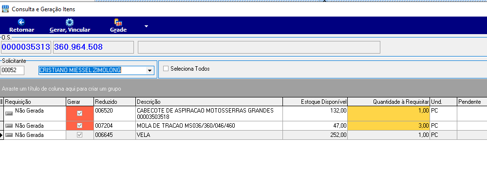 Tela "Consulta e Geração Itens" com O.S. 0000035313 / 360.964.508 e solicitante "CRISTIANO MIESSEL ZIMOLONG"; grid lista "CABECOTE DE ASPIRACAO MOTOSSERRAS GRANDES" (006520, estoque 132, qtd 1 PC), "MOLA DE TRACAO MS036/360/046/460" (007204, estoque 47, qtd 3 PC) e "VELA" (006645, estoque 252, qtd 1 PC); itens 006520 e 007204 com checkbox "Gerar" marcado e realçados em amarelo