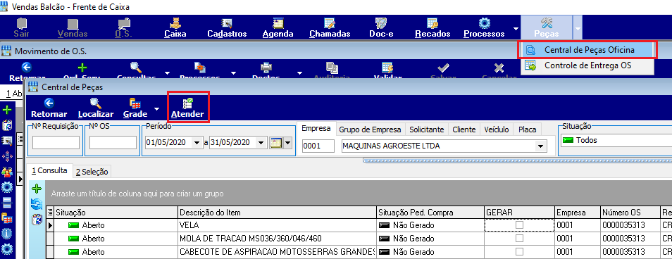 Tela "Central de Peças" com filtro de período 01/05/2020 a 31/05/2020 e empresa 0001 – MAQUINAS AGROESTE LTDA; botão "Atender" destacado na barra de ferramentas; grid exibe três requisições com situação "Aberto" para os itens VELA, MOLA DE TRACAO MS036/360/046/460 e CABECOTE DE ASPIRACAO MOTOSSERRAS GRANDES, todas com "Situação Ped. Compra" = "Não Gerado"
