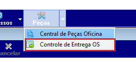 Menu Peças expandido com a opção "Controle de Entrega OS" destacada