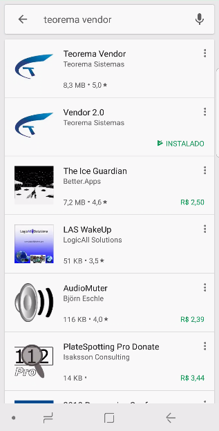 Busca por "teorema vendor" na Play Store, exibindo os resultados Teorema Vendor e Vendor 2.0 com status INSTALADO