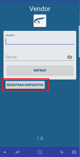 Tela de login do Vendor com campos Usuário e Senha e botão REGISTRAR DISPOSITIVO em destaque
