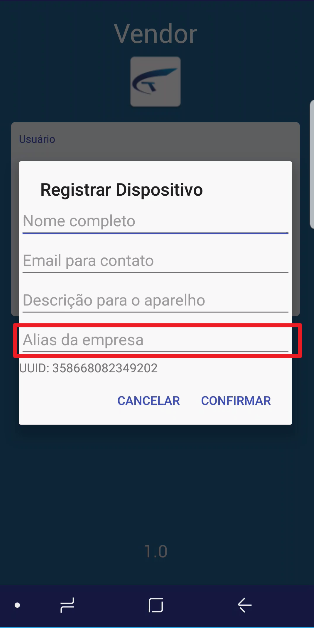 Formulário Registrar Dispositivo com campos Nome completo, Email para contato, Descrição para o aparelho e Alias da empresa em destaque, além do UUID do dispositivo