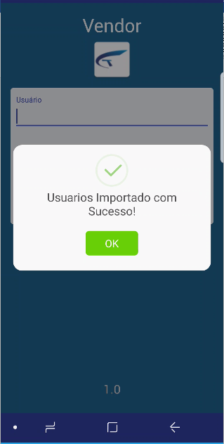 Mensagem de confirmação "Usuarios Importado com Sucesso!" com botão OK