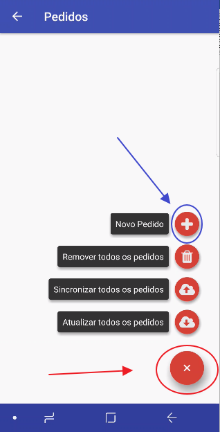 Tela Pedidos com botão flutuante expandido exibindo as ações: Novo Pedido, Remover todos os pedidos, Sincronizar todos os pedidos, Atualizar todos os pedidos