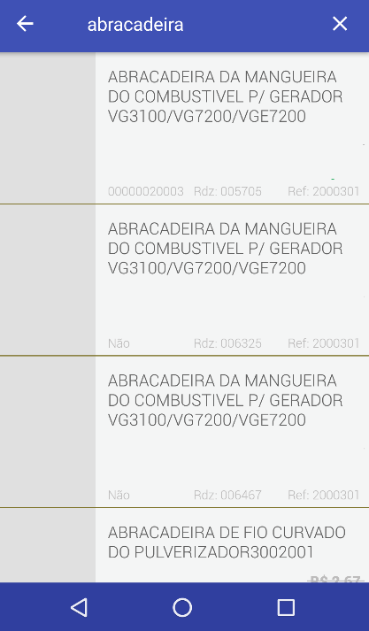 Campo de busca com termo "abracadeira" exibindo lista de itens iniciados por esse termo, com nome do produto, código e referência