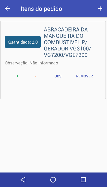 Tela Itens do pedido com item adicionado exibindo botões +, -, OBS e REMOVER