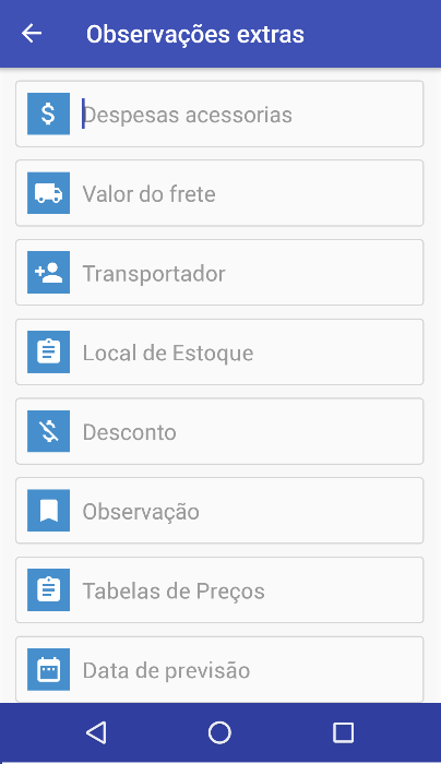 Tela Observações extras com campos: Despesas acessorias, Valor do frete, Transportador, Local de Estoque, Desconto, Observação, Tabelas de Preços, Data de previsão