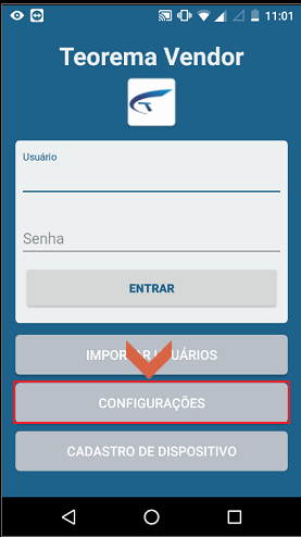 Tela inicial do Teorema Vendor com botão CONFIGURAÇÕES destacado, campos Usuário e Senha visíveis