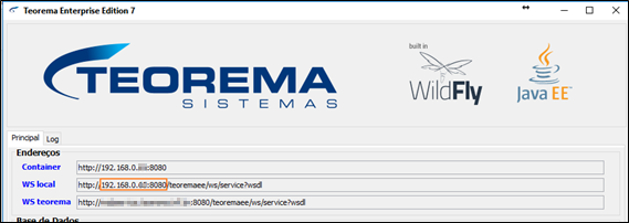 Tela Teorema Enterprise Edition 7, aba Principal, seção Endereços com campos Container, WS local e WS teorema preenchidos