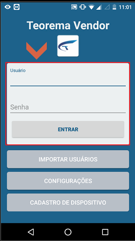 Tela inicial do Teorema Vendor com campos Usuário e Senha em destaque e botão ENTRAR