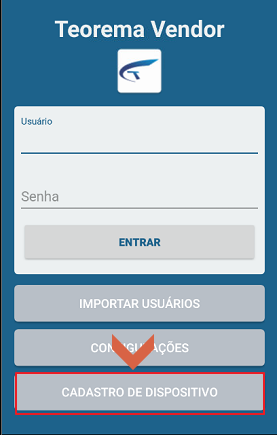 Tela inicial do Teorema Vendor com botão CADASTRO DE DISPOSITIVO destacado