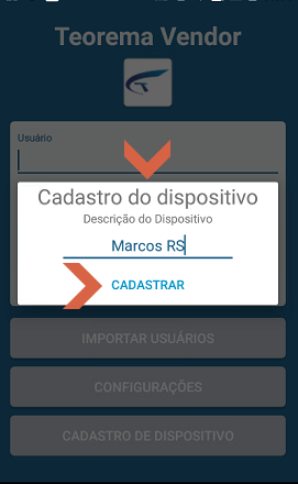 Diálogo "Cadastro do dispositivo" com campo Descrição do Dispositivo preenchido com "Marcos RS" e botão CADASTRAR