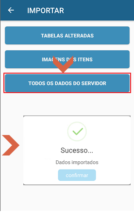 Tela IMPORTAR com opções TABELAS ALTERADAS, IMAGENS DOS ITENS e TODOS OS DADOS DO SERVIDOR destacada; mensagem de sucesso "Dados importados" com botão confirmar visível