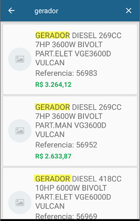 Tela de busca com termo "gerador" e lista de resultados: GERADOR DIESEL 269CC 7HP 3600W BIVOLT PART.ELET VGE3600D VULCAN (Ref. 56983, R$ 3.264,12), GERADOR DIESEL 269CC 7HP 3600W BIVOLT PART.MAN VG3600D VULCAN (Ref. 56952, R$ 2.633,87) e GERADOR DIESEL 418CC 10HP 6000W BIVOLT PART.ELET VGE6000D VULCAN (Ref. 56969)