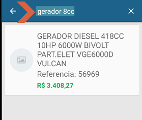 Tela de busca com termo "gerador 8cc" e resultado: GERADOR DIESEL 418CC 10HP 6000W BIVOLT PART.ELET VGE6000D VULCAN (Ref. 56969, R$ 3.408,27)