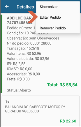 Tela Detalhes do pedido com menu expandido e opção Editar Pedido