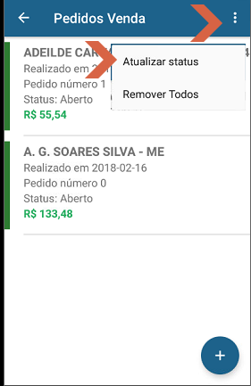 Tela Pedidos Venda com menu expandido exibindo as opções Atualizar status e Remover Todos; dois pedidos listados com status Aberto