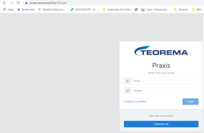 Tela de login do Praxis com campos Email e Senha, botão Login e link Esqueceu a senha?