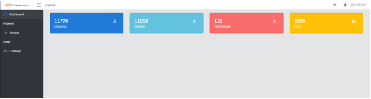Dashboard do Vendor Web com menu lateral (Dashboard, Pedidos, Vendas, Catálogo) e cards de totalizadores: Clientes, Ordens, Vendedores, Itens