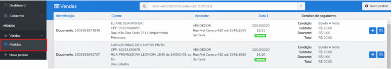 Tela de Vendas com lista de pedidos contendo colunas Identificação, Cliente, Vendedor, Data e Detalhes de pagamento; dois pedidos exibidos com seus respectivos documentos, clientes e valores