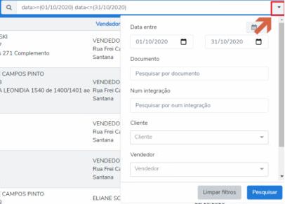 Painel de filtros aberto com campos: Data entre, Documento, Num integração, Cliente, Vendedor e botões Limpar filtros e Pesquisar
