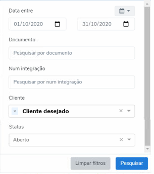 Painel de filtros com Data entre 01/10/2020 e 31/10/2020, campo Cliente preenchido com "Cliente desejado" e campo Status com "Aberto"