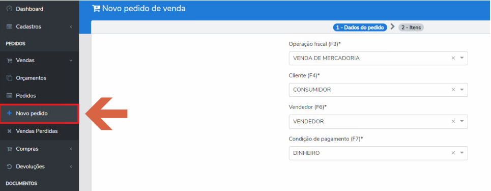 Tela Novo pedido de venda, etapa 1 - Dados do pedido, com campos Operação fiscal (VENDA DE MERCADORIA), Cliente (CONSUMIDOR), Vendedor (VENDEDOR) e Condição de pagamento (DINHEIRO); seta indicando o botão Novo pedido no menu lateral