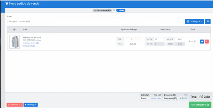 Tela de Novo pedido de venda na etapa 2 - Itens, com item Bermuda - Azul/GG adicionado mostrando campos Qtd, Preço, Ind (%), Ind (R$), Rat (%) e Rat (R$); rodapé com Subtotal, Frete, Desconto (%) e Total R$ 3,80; botões Cancelar (ESC), Informações e Finalizar (F9)