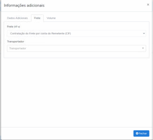 Modal Informações adicionais com aba Frete ativa, exibindo campo Frete (F4) com valor "Contratação do Frete por conta do Remetente (CIF)" e campo Transportador vazio; botão Fechar