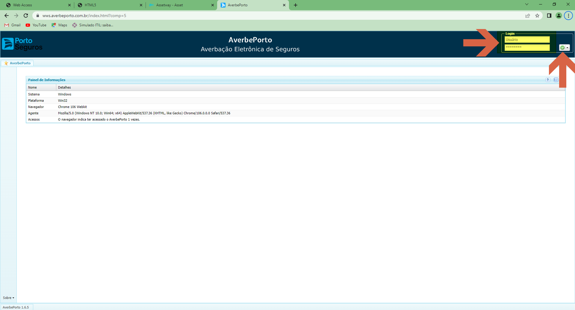 Portal AverbePorto — tela de login com campos Usuário e Senha no canto superior direito e painel de informações do navegador ao centro