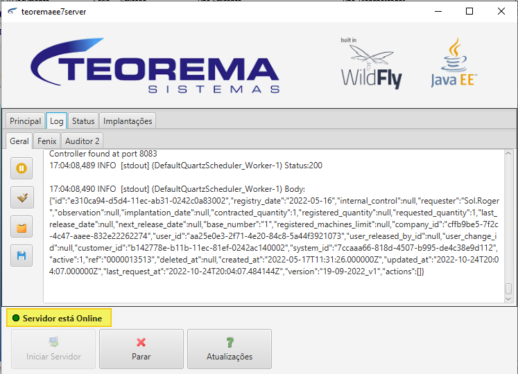Aplicação teoremaee7server — aba Log exibindo mensagens de status do servidor com indicador "Servidor está Online" na barra inferior