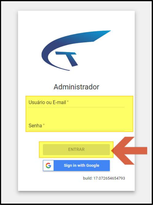 Tela de login do Administrador Teorema — campos Usuário ou E-mail e Senha, botão ENTRAR e opção Sign in with Google