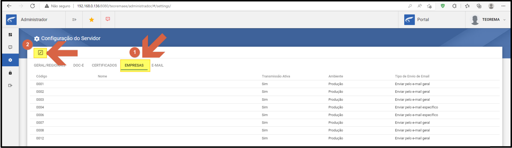 Configuração do Servidor — aba EMPRESAS selecionada com lista de empresas (códigos 0001 a 0012) exibindo colunas Transmissão Ativa, Ambiente e Tipo de Envio de Email; ícone de edição indicado