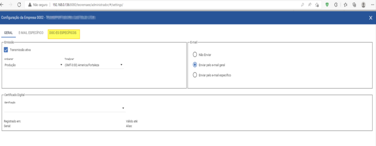 Configuração da Empresa — aba DOC-ES ESPECÍFICOS selecionada, com campos de Emissão (Transmissão ativa, Ambiente, TimeZone) e E-mail visíveis